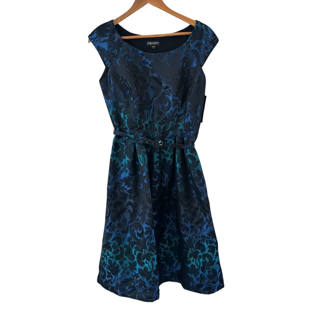 Signature By Sangria Dress 8 Blue Floral Burnout Jacquard Fit Flare Retro Formal